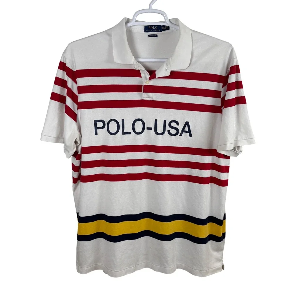 Polo Ralph Lauren Polo Shirt Men's XXL White Red Striped USA Americana Sporty